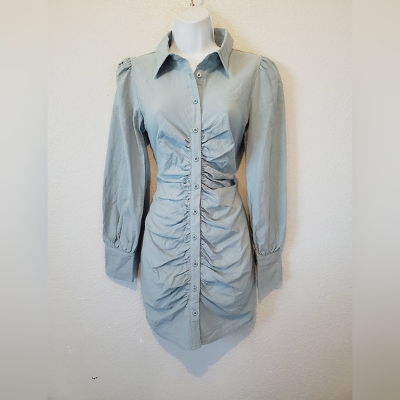 NWT White Fox Not So Subtle Runched Button Up Mini Dress in Sea Mist Small - Picture 3 of 9